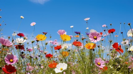 Fototapeta na wymiar Wild flowers blooming at Savill Garden Egham UK captured against a blue sky