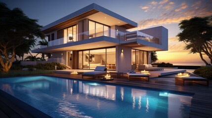 Sunset view of modern house with pool and backyard - Powered by Adobe