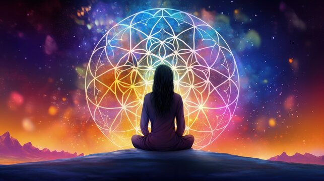 Fototapeta Watercolor depiction of girl meditating in the universe in a trance