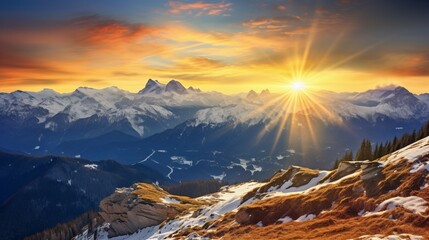 Beautiful sundown in Bavarian alps, winter sun, mountains, sunrise over the range, dark gold and orange in the style of classical layered landscape