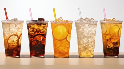 Summary of to go cold beverages in cups - obrazy, fototapety, plakaty