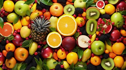 Top view of various exotic fruits as a backdrop