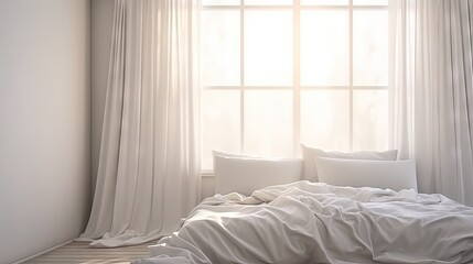 Fototapeta na wymiar Striped linen bed by a window with grey curtains featuring white pillows duvet and sheets Bedroom interior
