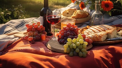 Summer picnic featuring various products and red wine enjoyed outdoors on a blanket