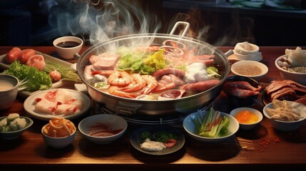 Obraz premium Popular Japanese dish of meat seafood and veggies served on a table with a boiling pot in a restaurant