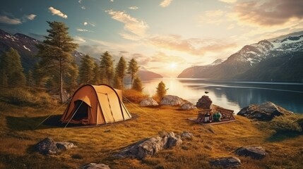Vintage photo of a tourist tent at sunrise in the Norwegian mountains during spring camping