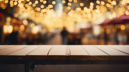 Empty wooden table top and bokeh background. For product display.