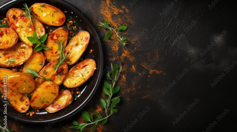Poster potato wedges cooked in frying pan on dark stone background with space for text