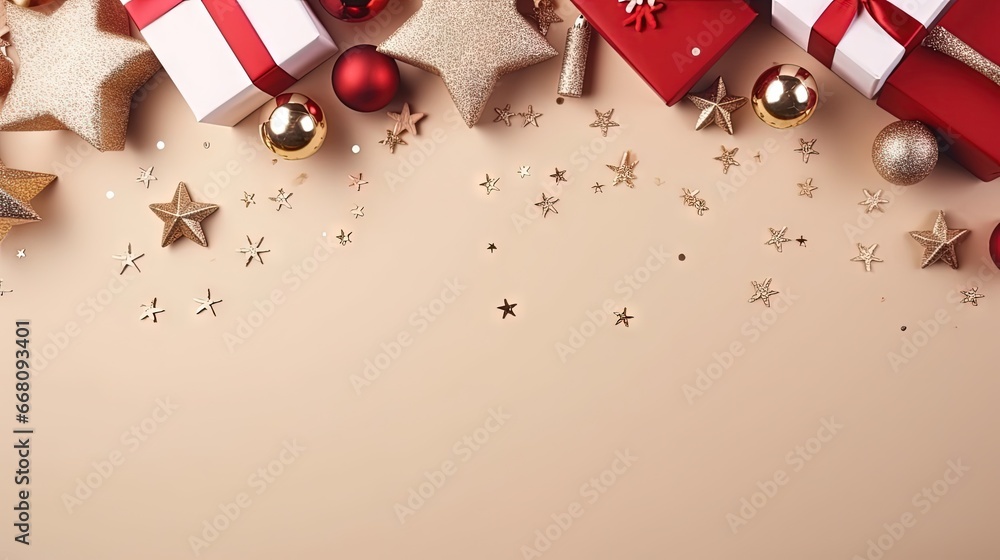 Poster text space available flat lay with color background and gift boxes christmas décor