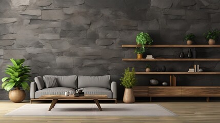 Stone walled room with wooden accents bookshelf sofa plant vase table carpet decor
