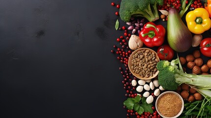 Top view of organic vegetarian food ingredients for healthy vegan nutrition in a long banner format - obrazy, fototapety, plakaty