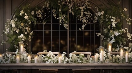 Wedding table adorned with fresh white flowers candles and hanging floral beds with light bulbs Celebration details and floristic concept for wedding decoration