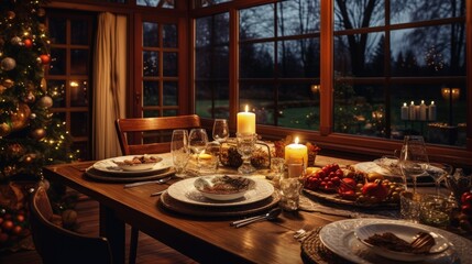 Retro styled country house with large windows hosting Christmas dinner on a square wooden table Evening shooting celebrating New Year with friends and family in low light