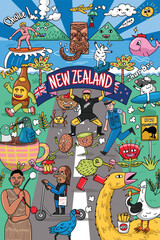 Hand-drawn Illustration of New Zealand icons and characters