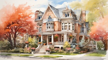 Watercolor painting of a victorian house in the fall, AI - obrazy, fototapety, plakaty