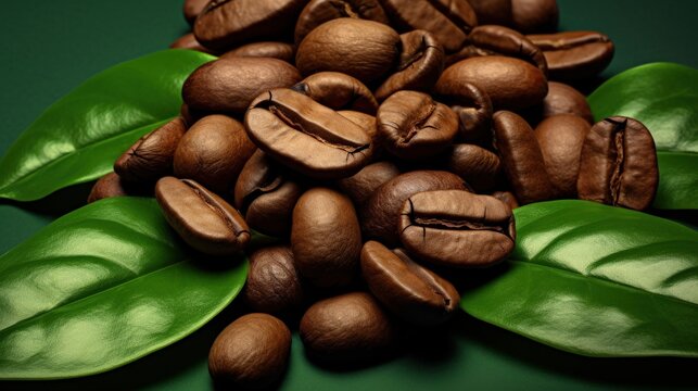 Three Roasted Coffee Beans With Leaves On White Background