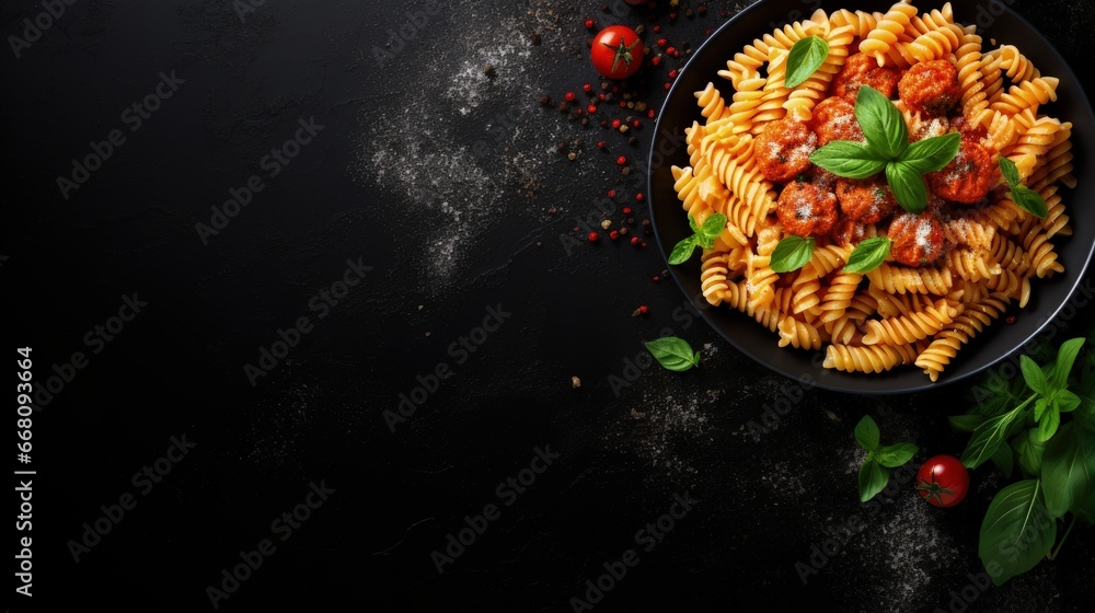 Aufkleber top view of fusilli pasta with meatballs in tomato vegetable sauce garnished with herbs and grated c