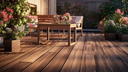 Wooden terrace furniture with wooden board flooring