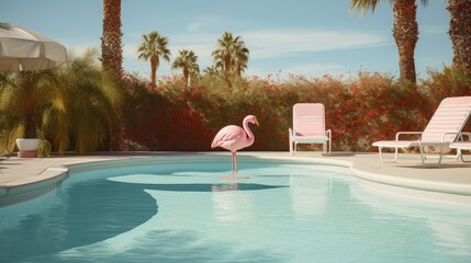 Pink Flamingo and Swan Floatie in Palm Springs Pool - obrazy, fototapety, plakaty