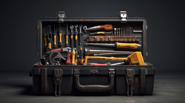 Various work tools in a toolbox on a gray background