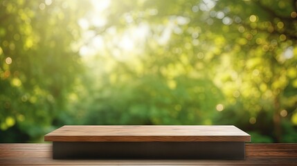 Wooden table with blurred green park background ideal for showcasing products or using as a banner for online advertising or nature themed business presentations - obrazy, fototapety, plakaty