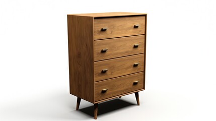 Wood dresser with mirror made of solid American oak and featuring four drawers isolated on white