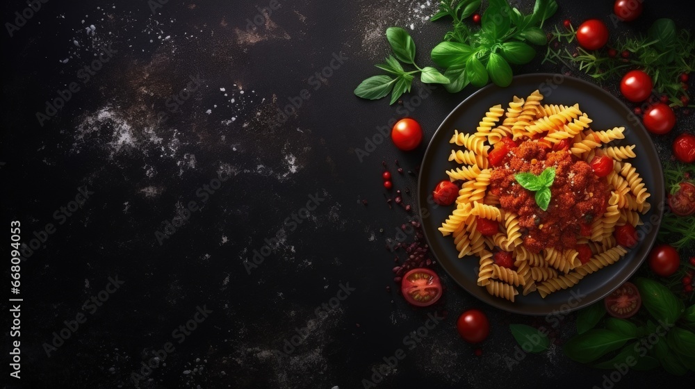Poster top view of fusilli pasta with meatballs in tomato vegetable sauce garnished with herbs and grated c