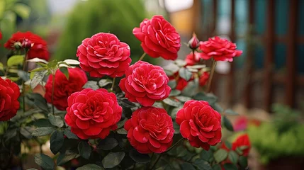 Deurstickers Summer decorations and gardening with a stunning red rose bush in a countryside home garden © vxnaghiyev