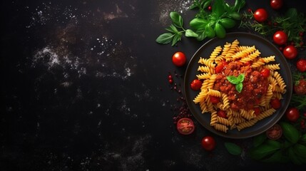 Top view of fusilli pasta with meatballs in tomato vegetable sauce garnished with herbs and grated cheese on a dark background with space to copy - obrazy, fototapety, plakaty