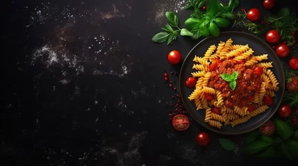 Fotobehang Top view of fusilli pasta with meatballs in tomato vegetable sauce garnished with herbs and grated cheese on a dark background with space to copy © vxnaghiyev