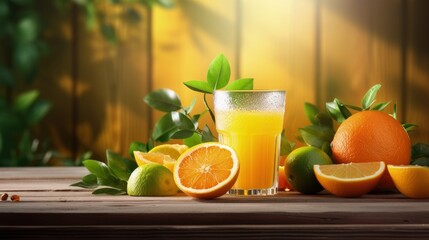 Selective focus on wooden background with citrus juice and fruits