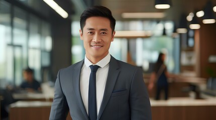Fototapeta premium a beautiful smiling asian american man wearing a suit in an office. generative AI 