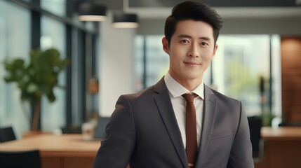 Fototapeta premium a beautiful smiling asian american man wearing a suit in an office. generative AI 