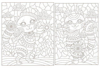 A set of contour illustrations in the style of stained glass with cute cartoon cats, dark contours on a white background