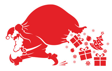 Santa Claus walks with torn sack on his shoulders, from which gifts spill out. Vector template with copy space for you text greeting, invitation card