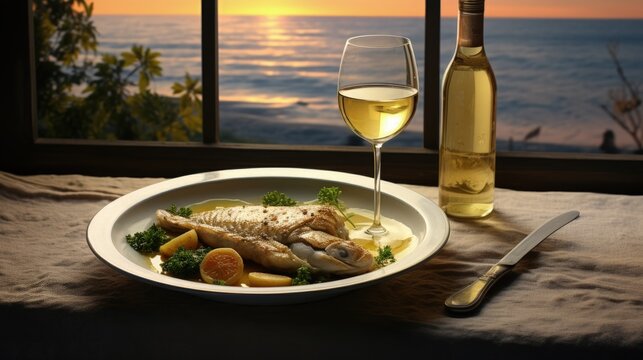 White wine and cod served at a restaurant