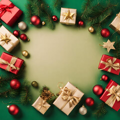 Fototapeta na wymiar christmas tree and gifts on a green background