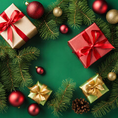 christmas tree and gifts on a green background