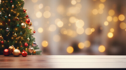 Empty wooden table with christmas tree and bokeh lights background.