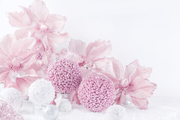 Merry Christmas. Christmas banner in pink color on a white Christmas background. Christmas background, pink xmas holiday card. Christmas card pink balls