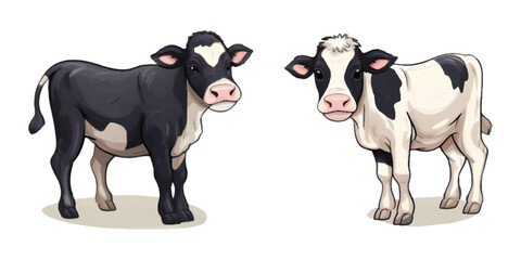 Set of black and white Cows. Flat Vector Illustration Isolated on white background