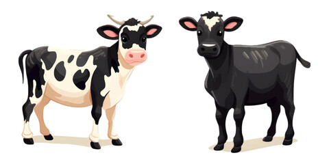 Set of black and white Cows. Flat Vector Illustration Isolated on white background