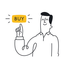 Happy guy pushing a buy button. Outline, linear, thin line, doodle art. Simple style with editable stroke.