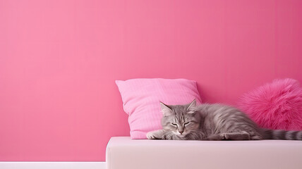 Cat sleep on pink cushion in a living room, pink background