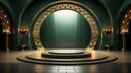 Foto op Plexiglas green podium with beige elements in Arabic minimalist style. Podium in the style of Ramadan, Eid Mubarak. AI generated © Kristina Jalabi