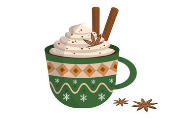 Vector Merry Christmas ornamental cute mug with hot cocoa or coffee, sweet cream, cinnamon sticks and vanilla flowers with sweet cream and chocolate chips. Decorative holiday coffee cup with ornaments