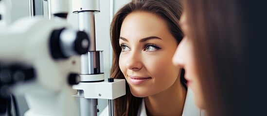 A young woman has her vision checked by an optometrist using a slit lamp during a doctor s visit