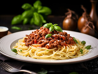 A beautifully plated spaghetti dish topped with savoury ragu and garnished with fresh basil on a dark backdrop.