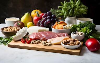 A beautiful spread of fresh raw ingredients, including vegetables, fruits, meats, and cheeses, set...
