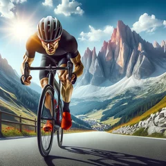 Foto op Plexiglas Fahrradfahrer Rennfahrer biker auf Bergstraße Alpen Bergauf Bergab, bei Sonne mit Gebirge im Hintergrund Berge © Tom